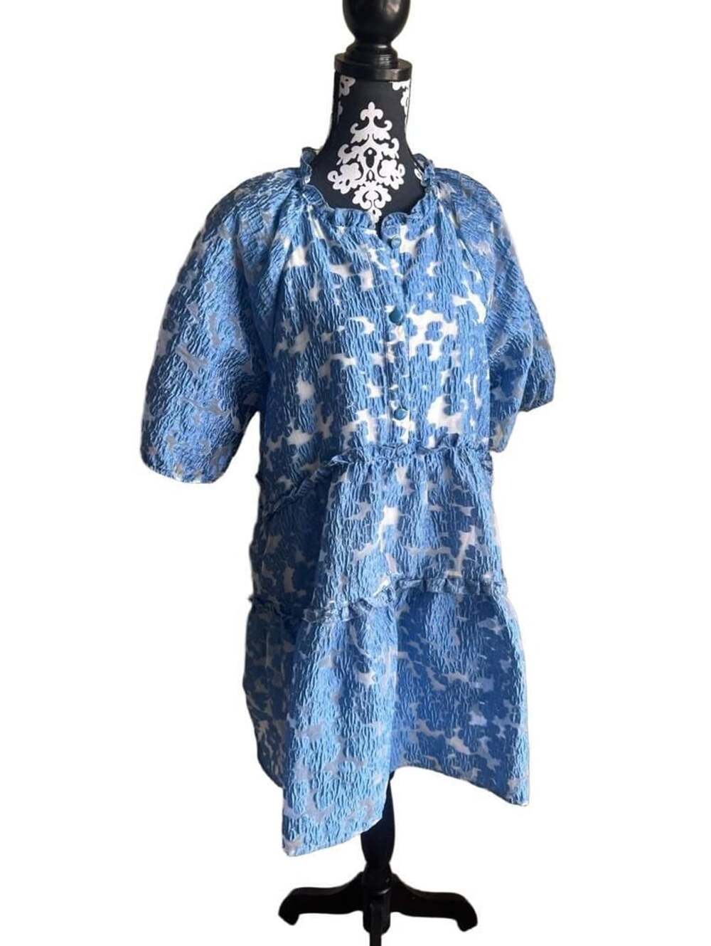 Maeve Anthropologie Blue Textured Jacquard Tiered Mini Dress